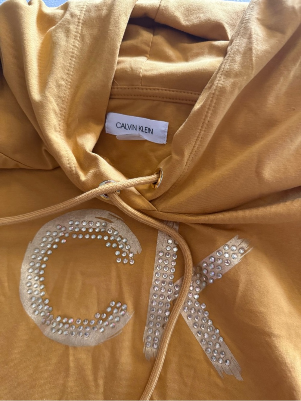 Calvin Klein Mustard Yellow Rhinestone CK Logo Hoodie